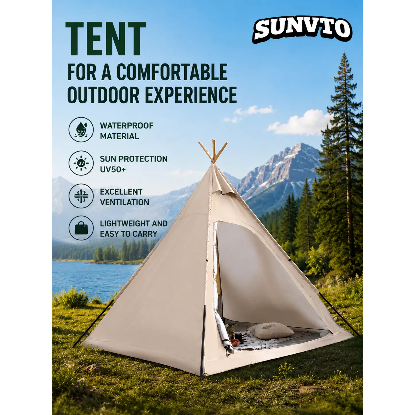 3-4 Person Outdoor Sun & Rain Proof Pyramid Tent, Multi-Functional Indian Teepee Tent with Oxford Fabric