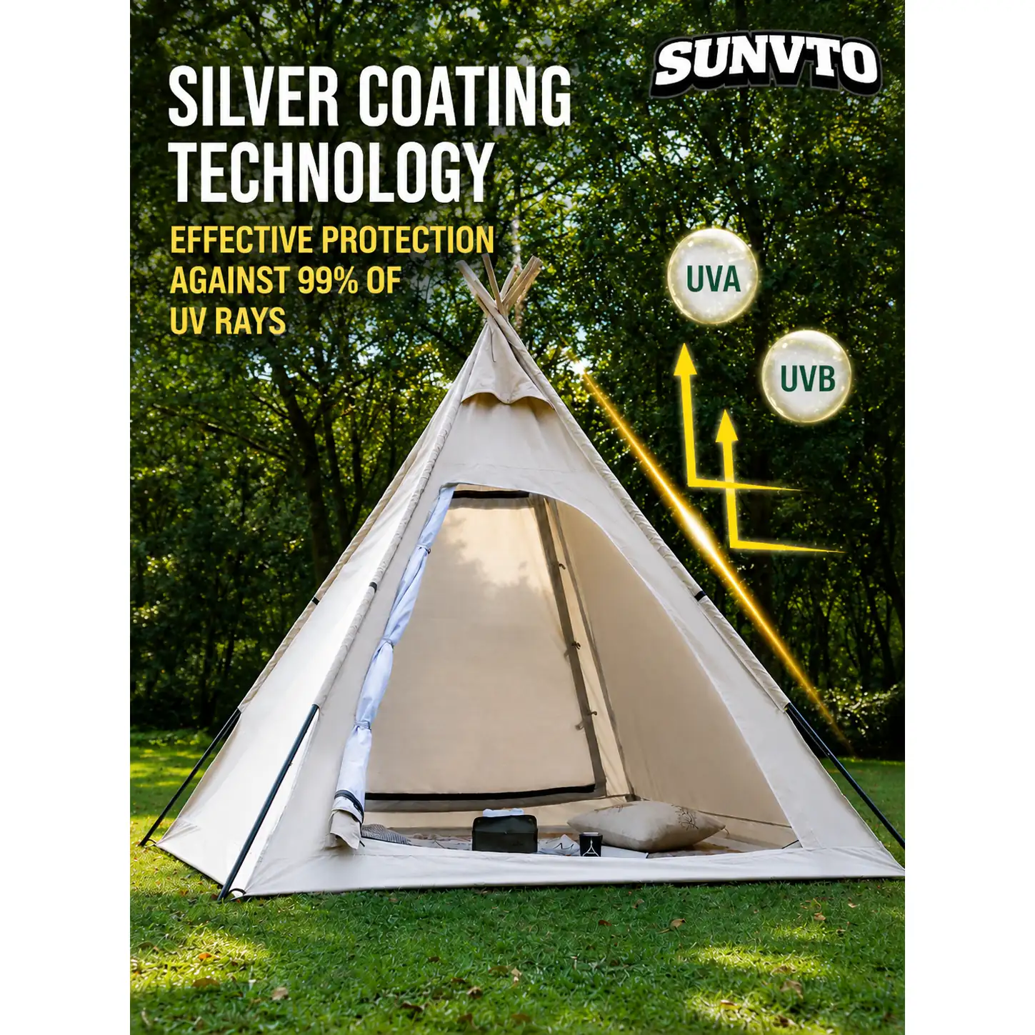 3-4 Person Outdoor Sun & Rain Proof Pyramid Tent, Multi-Functional Indian Teepee Tent with Oxford Fabric - 图片 2