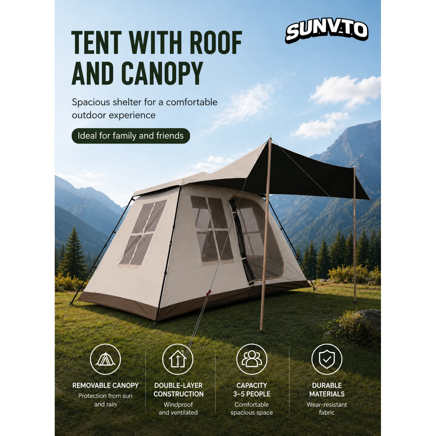 6.3m² Ridge Tent 2-3 People, 1 Room 1 Hall Outdoor Tent 210D Oxford Fabric