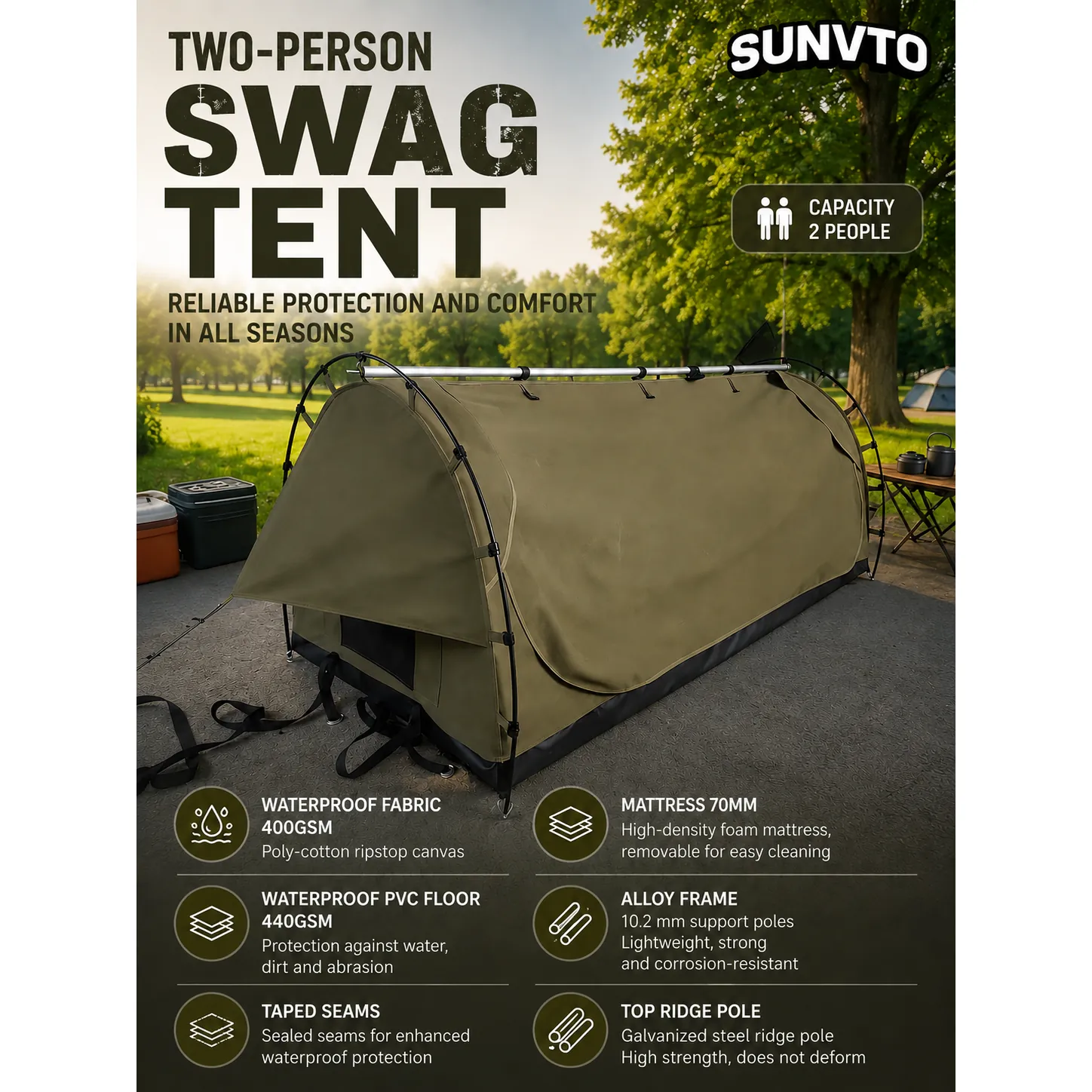 Popular Australian-style double-person canvas camping swag tent