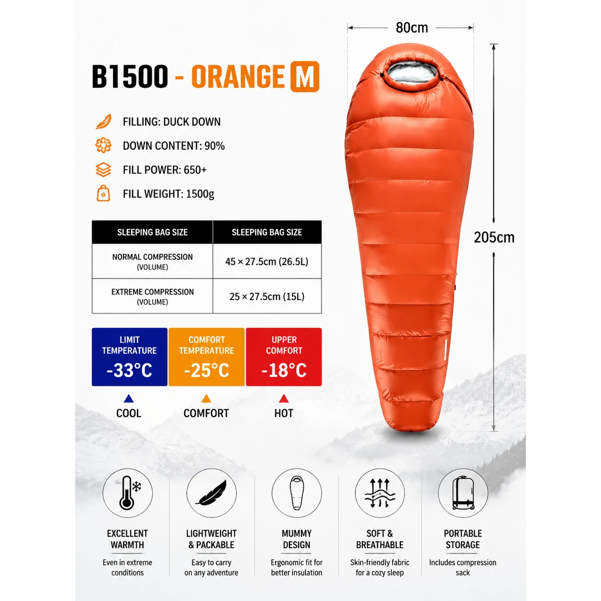 B Series Mummy Duck Down Sleeping Bag, 650 Fill Power Cold Weather Winter Backpacking Sleeping Bag - 图片 2