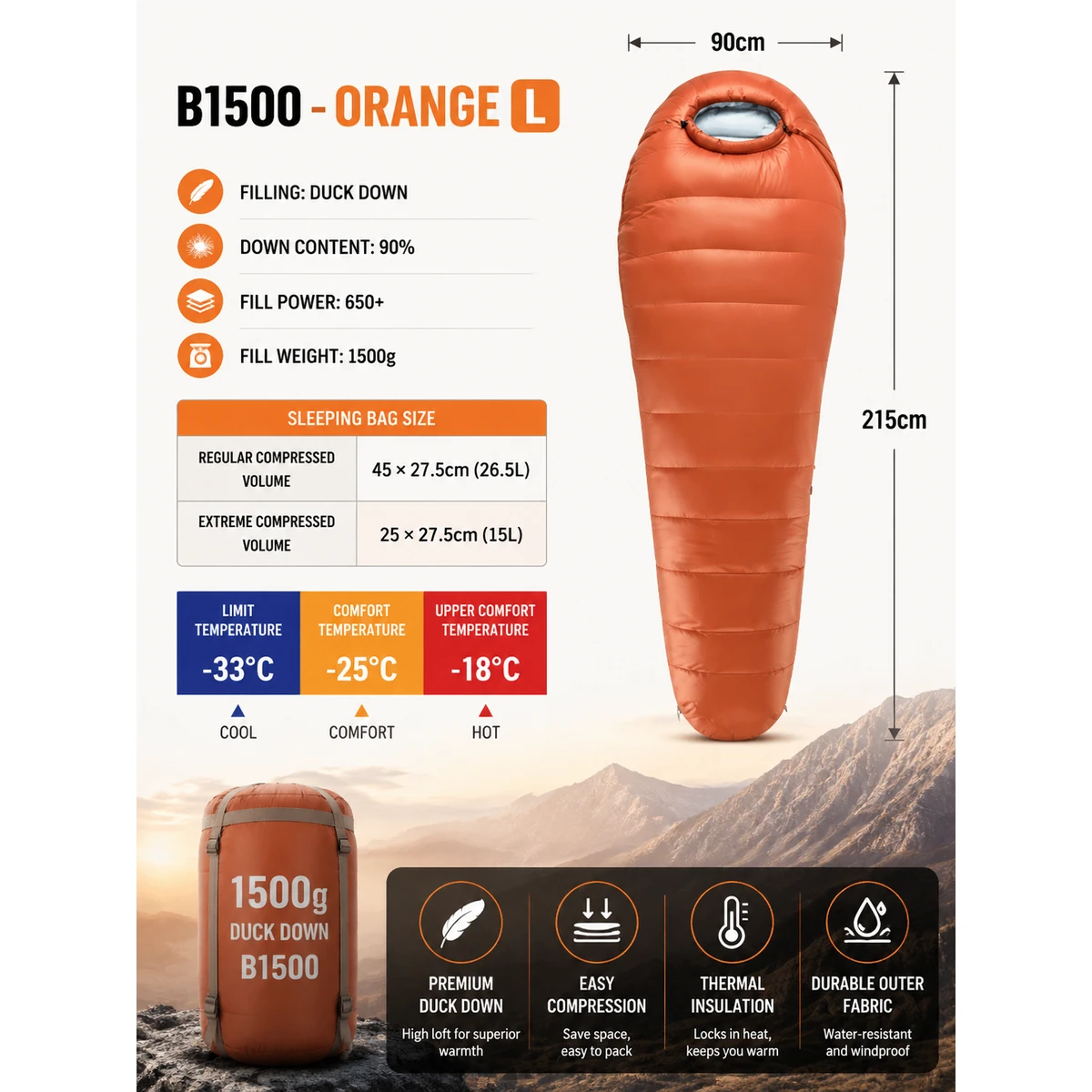 B Series Mummy Duck Down Sleeping Bag, 650 Fill Power Cold Weather Winter Backpacking Sleeping Bag - 图片 3