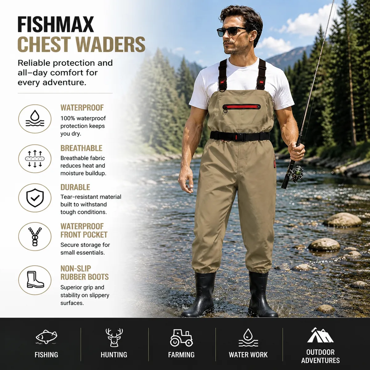 Waterproof Breathable Chest Waders, Anti-Slip Bootfoot Waders for Fishing, Hunting and Farming - 图片 2