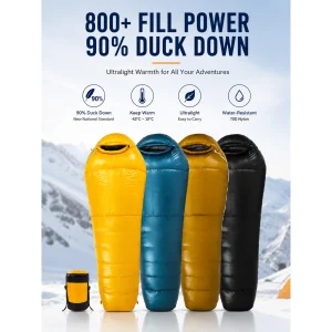 800+ Fill Power 90% Duck Down Mummy Sleeping Bag, Interconnectable for 1‑2 Person Camping