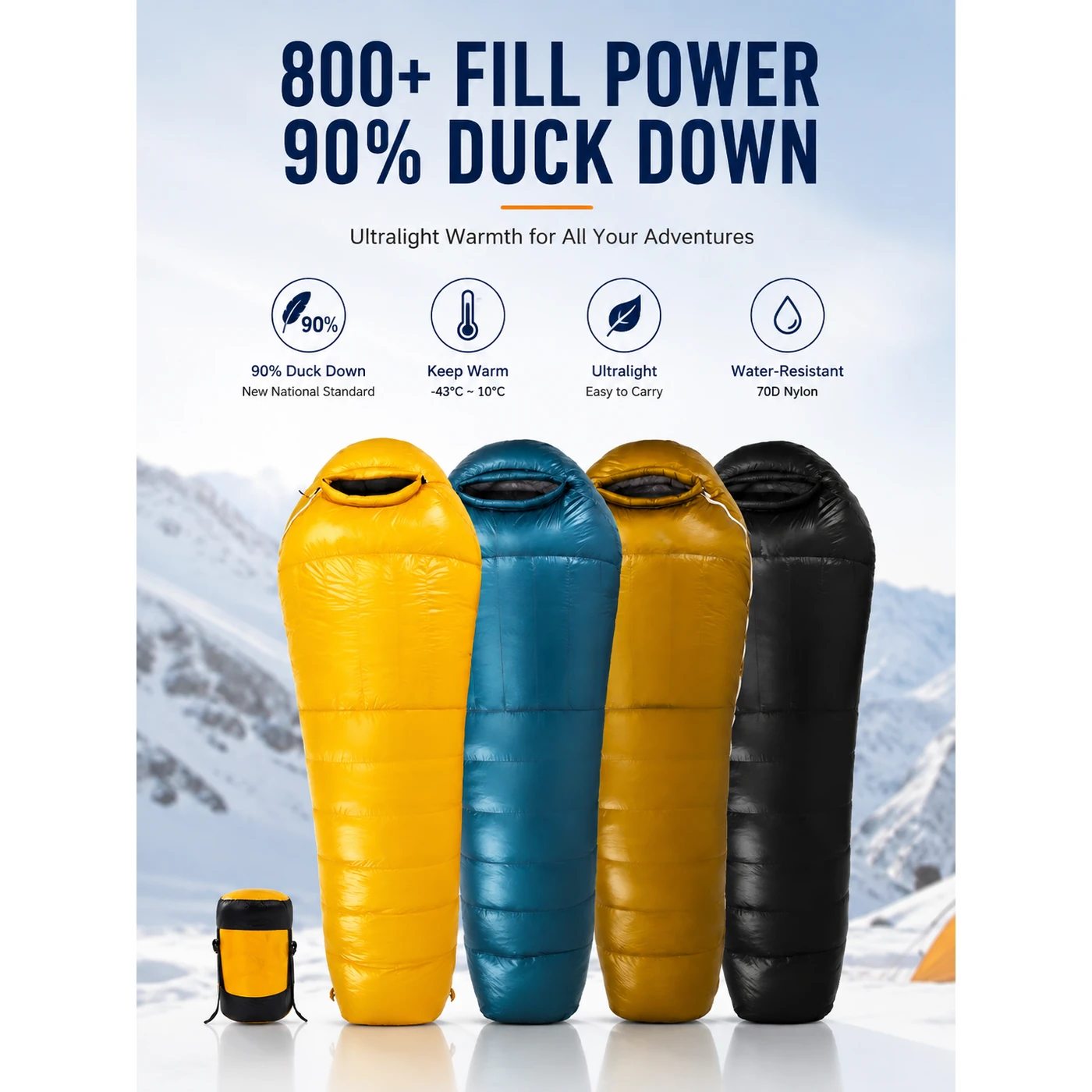 800+ Fill Power 90% Duck Down Mummy Sleeping Bag, Interconnectable for 1‑2 Person Camping