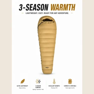 3‑Season Mummy Duck Down Sleeping Bag,700FP 90% White Duck Down,YKK Zipper for Spring Summer Fall Camping