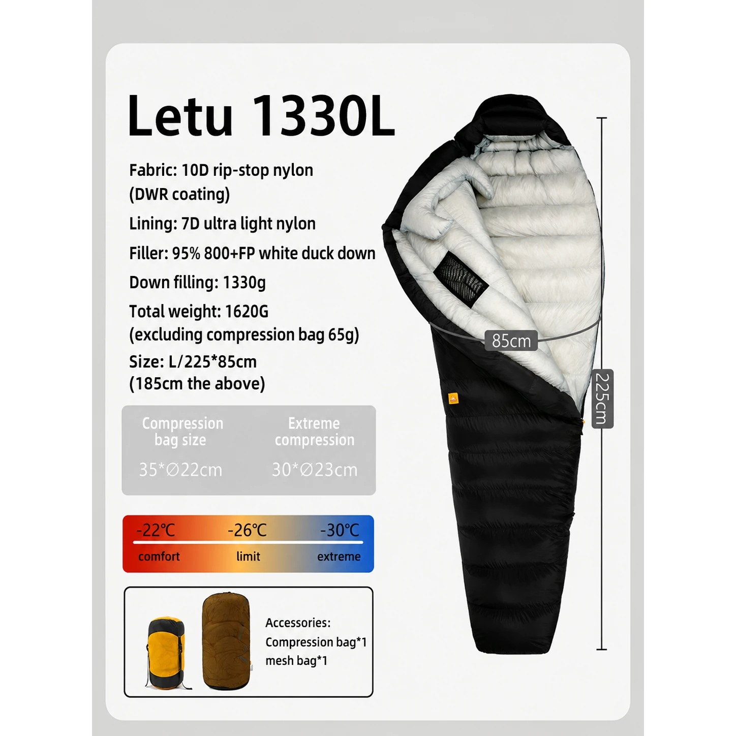 Mummy‑Style 95% White Duck Down Sleeping Bag 1330g Fill 800+FP,Cold‑Weather Sleeping Bag for Tall Adults - 图片 3