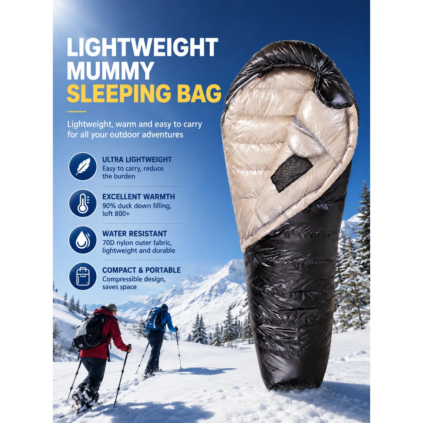 800+ Fill Power 90% Duck Down Mummy Sleeping Bag, Interconnectable for 1‑2 Person Camping - 图片 5