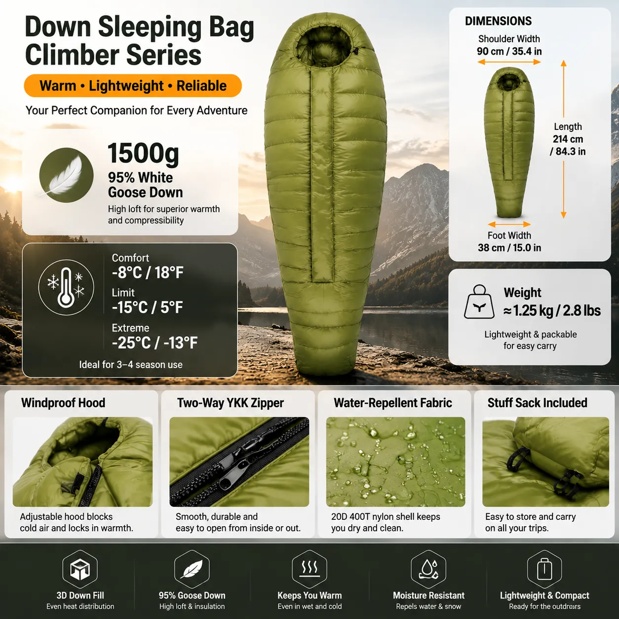 1500g 95% White Goose Down Mummy Sleeping Bag, -25°C Winter Cold Weather 4 Season Backpacking Sleeping Bag - 图片 3