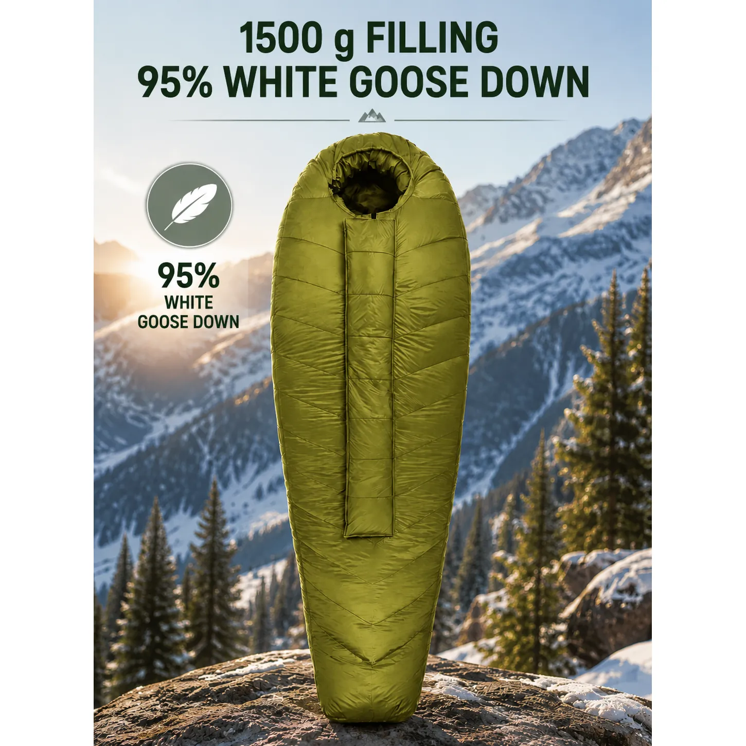 1500g 95% White Goose Down Mummy Sleeping Bag, -25°C Winter Cold Weather 4 Season Backpacking Sleeping Bag - 图片 7