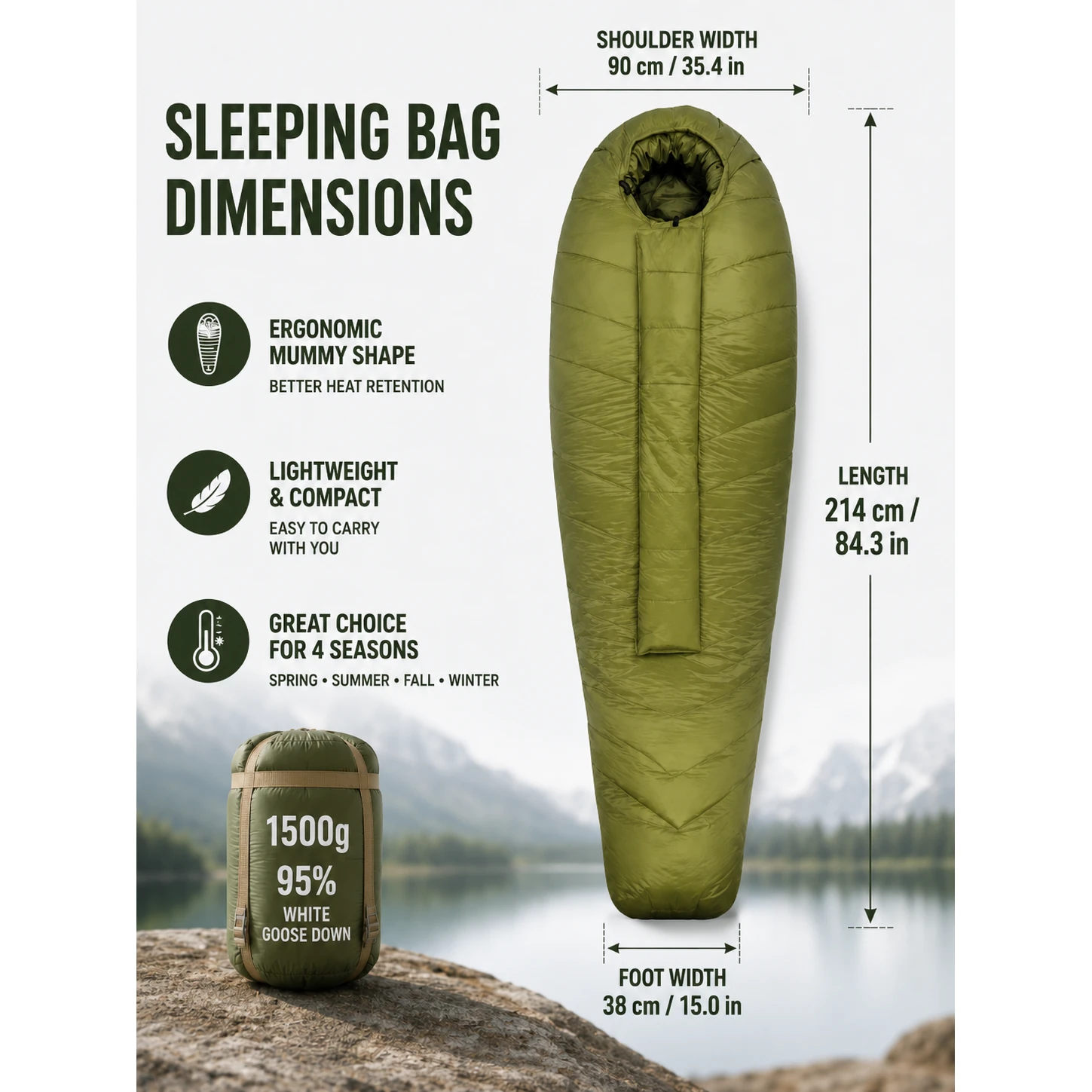 1500g 95% White Goose Down Mummy Sleeping Bag, -25°C Winter Cold Weather 4 Season Backpacking Sleeping Bag - 图片 2