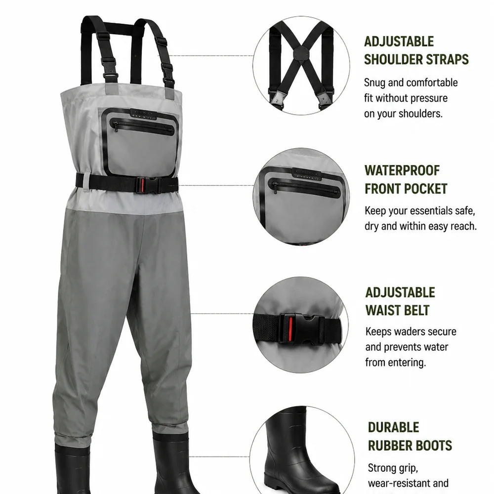 Breathable Waterproof Chest Waders with Integrated Anti-Slip Boots for Fishing Hunting Farming - 图片 4