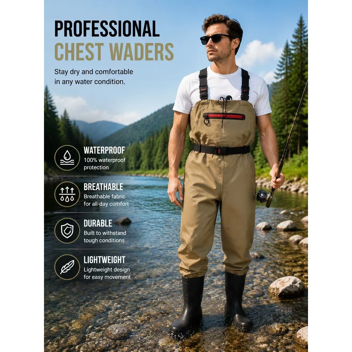 Waterproof Breathable Chest Waders, Anti-Slip Bootfoot Waders for Fishing, Hunting and Farming